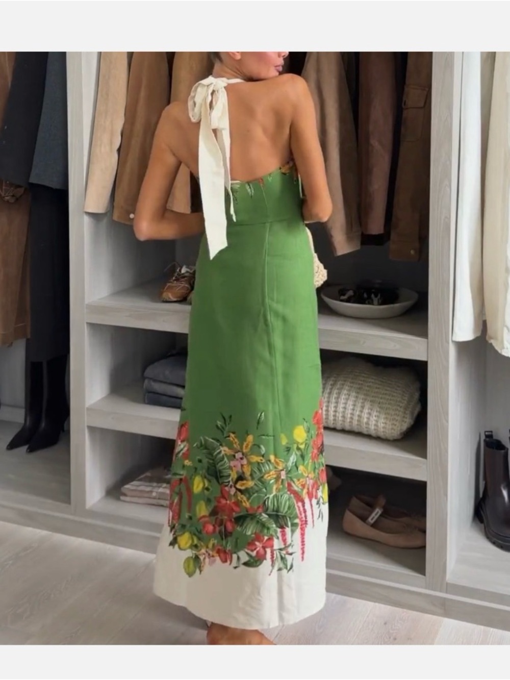 H&M Premium women's Linen-blend Green and Floral Midi Dress - Picture 11 of 15